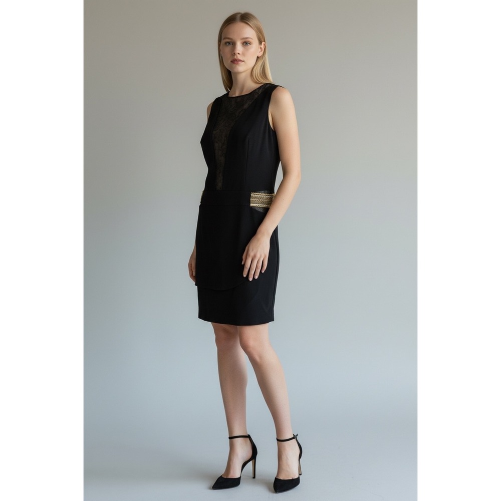 Saboroma Black Sheath Cocktail Dress‎ Sheer Mesh Gold Beaded Waist Size 8 EU 42